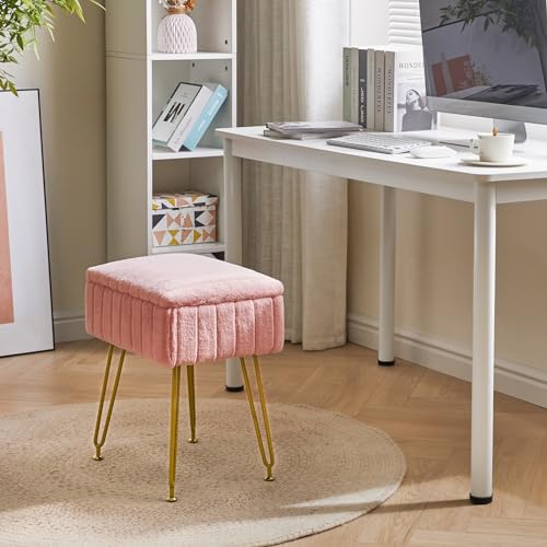 IBUYKE Stool Chair with Storage Space, Footrest Footstool Ottoman, Small Side Table, with 4 Metal Legs, with Anti-Slip Feet, for Makeup Room, Bedroom, Faux Fur, Pink LG-50P - color: Pink, size: 15.8"D x 11.8"W x 18.9"H