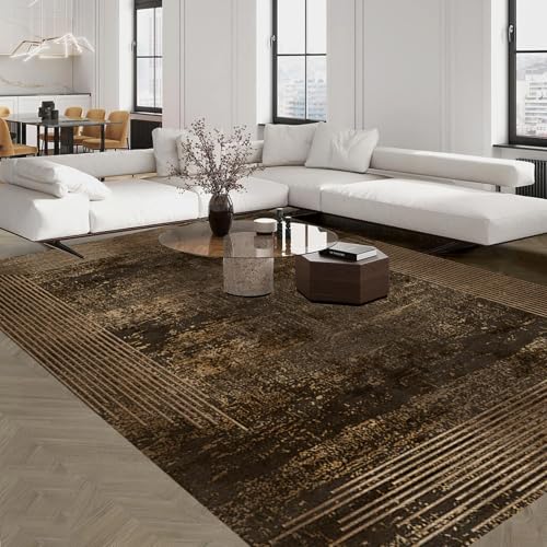 Dark Brown Distressed Rug Minimalist Abstract Geometric Texture 7x10 Vintage Area Rug for Living Room Bedroom Office Soft Washable Carpet Retro Apartment Farmhouse Entryway Stain Resistant Rugs - color: L, size: 7x10