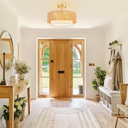 SineRise 16'' Rattan Flush Mount Ceiling Light Fixture,2-Tier Drum Hand-Woven Boho Flush Mount Ceiling Light,Farmhouse Light Fixture for Living Room,Kitchen,Bedroom Foyer Entryway ect. - color: Gold, size: Large Ceiling