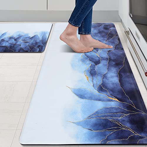 MAYHMYO Anti Fatigue Kitchen Mat - Set of 2 - Blue and Gold Design Comfort Mats - Cushioned, Non Slip Floor Mat - color: Blue and Gold, size: 29"L X 17.3"W X 0.4"Th + 47"L X 17.3"W X 0.4"Th