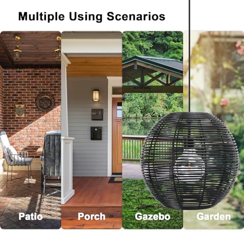 Ranttan Outdoor Chandelier, 12" Outdoor Pendant Lights Rattan Solar Hanging Lights Large Rattan Ceiling Light with Remote 4 Modes Lighting Waterproof Lighted for Garden Porch Patio Kitchen, Black - color: Black