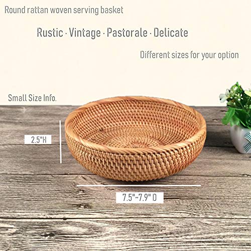 Hadewoven Round Rattan Fruit Basket Wicker Food Tray Weaving Storage Holder Dinning Room Bowl, 8 Inch Small Bread Baskets Tray for Serving with Deep Wall, Brown (Small 7.48”) - size: Small 7.48"