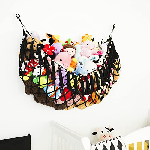 Stuffed Animal Hammock Wall Mounted Hanging Net for Stuffed Animal Storage Holder Handmade Macrame Toy Hammock Boho Nursery Organizer Plushies Net(Black) - color: Black for Wall, size: 60" W