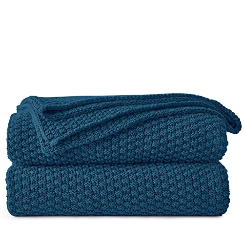 Longhui bedding 100% Cotton Knitted Throw Blanket – Blue, Soft & Cozy, Machine Washable, 51"x63" – Perfect for Living Room, Couch, Sofa, Bed or Travel - color: Blue, size: 51" x 63", Standard