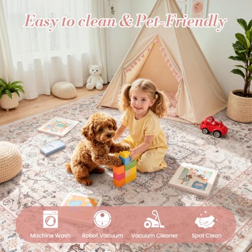 8x10 Dusty Pink Large Area Rugs for Living Room - Boho Light Pink Medallion Aesthetic Distressed Washable Rug, Soft Non-Slip Backing Low Pile Carpet for Playroom, Bedroom, Nursery - color: Dusty Pink, size: 8' x 10' (Rectangular)