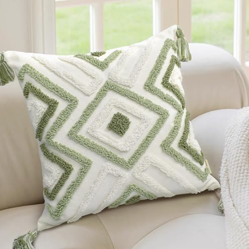 Boho Pillow Covers 18X18 Inch Boho Tufted Throw Pillow Covers Decorative Tassels Cushion Cover Farmhouse Pillow Case for Couch Sofa Bed Living Room Bedroom, Green - color: Boho Multi-green, size: 18" x 18" (Pack of 1)