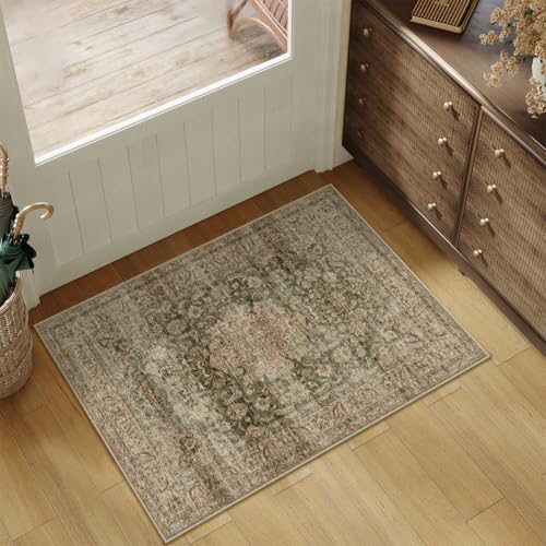 2x3 Washable Area Rug Green Brown Vintage Non Slip Soft Low Pile Small Rug for Entryway Kitchen Bathroom Distressed Oriental Throw Carpet for Living Room Bedroom Home Decor - color: Green/Brown, size: 2' x 3' (Rectangular)