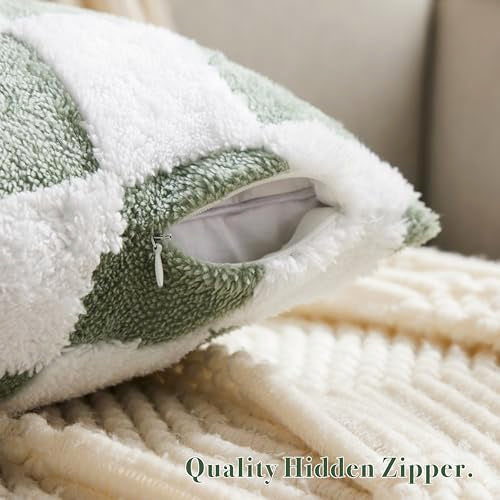 Ohocut Checkered Jacquard Shag Throw Pillow Covers, Pack of 2 Fluffy Sage Green Cute Decorative Aesthetic Soft Checerked Throw Pillow Cases for Couch Sofa Bedroom,20x20 Inch - color: Green, size: 20" x 20" (Pack of 2)