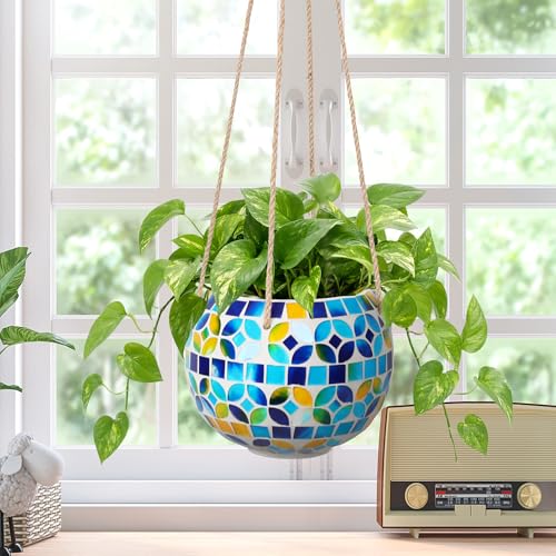 Ceramic Hanging Planter Mosaic Hanging Flower Pot Small Plant Pot for Indoor Plant Garden Decor Disco Ball Planter with Drainage Square Blue - color: Blue