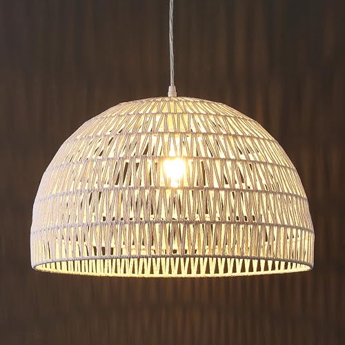 JONATHAN Y 20" White Modern Bohemian Woven Rope LED Pendant Light Fixture, Adjustable Dome Ceiling Lamp for Kitchen Island, Rope Shade, Coastal Farmhouse Decor (JYL6504E) - color: White, size: 20"
