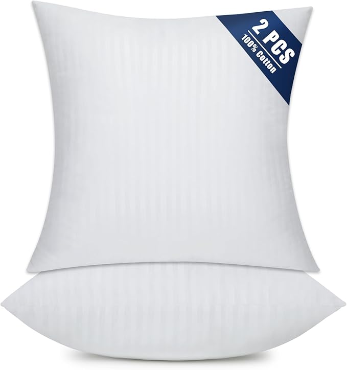OKBA Set of 2 Throw Pillow Inserts, Hypoallergenic Soft & Firm Cushions with 100% Cotton Cover,Pillows Filler for Side Sleepers, Sofa, Bed and Home Decor (26x26 Inch (Pack of 2)-1CM Stripe)