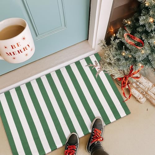 Christmas Green & White Striped Rug - 28 x 43 Inches Outdoor Front Door Decor Mat Cotton Washable Hand-Woven Rug Christmas New Year Holiday Porch Entryway Layered Doormat - color: Green & White Striped, size: 2'4" x 3'7" (Rectangular)