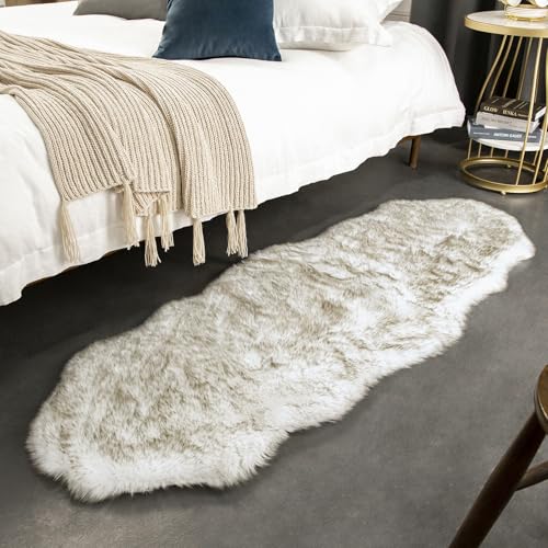 Ashler Home Deco Ultra Soft Faux Fox Fur Rug White Brown Fluffy Area Rug, Carpets Fluffy Rug Chair for Bedroom Floor Sofa Living Room 2 x 6 Feet - color: White Brown, size: 2 x 6 ft