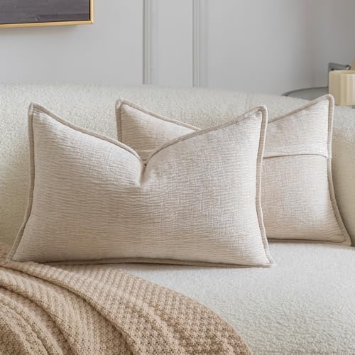 MADIZZ Pack of 2 Decorative Throw Pillow Covers Soft Chenille Throw Pillows Solid Textured Cushion Covers for Couch Sofa Bedroom Living Room 20x12 Inch, Beige - color: Beige, size: 20" x 12" (Pack of 2)