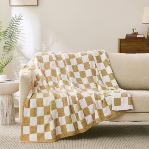 Checkered Throw Blanket, Khaki Soft Cozy Fluffy Knitted Throw Blankets for Couch, Sofa, Bed, Chair, Warm Fuzzy Travel Picnic Lightweight Plaid Blanket, 60x80 inches - color: Khaki, size: 60×80 Inch