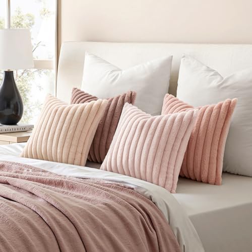 MIULEE Faux Fur Plush Decorative Throw Pillow Covers 20x20 Set of 4, Valentine's Day Cute Modern Soft Romantic Fuzzy Striped Cushion Covers Girl for Sofa Couch Bed Living Room Cozy Home Decor,Pink - color: Pink, size: 20" x 20" (Pack of 4)