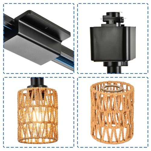 MELUCEE 4 Packs H-Type Track Hanging Light Black Ceiling Track Lighting Fixtures Rattan Pendant Light for Kitchen Island Dining Room Restaurant, Compatible with H Type Track Lighting Rail, E26 Socket