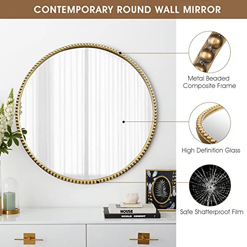 Round Bathroom Wall Mirror, 28"x28" Antique Gold Metal Beaded Frame Vanity Mirror, Wall Mounted Large Circle Makeup Mirror for Bedroom, Living Room, Entryway - color: Gold Round, size: 28"L x 28"W
