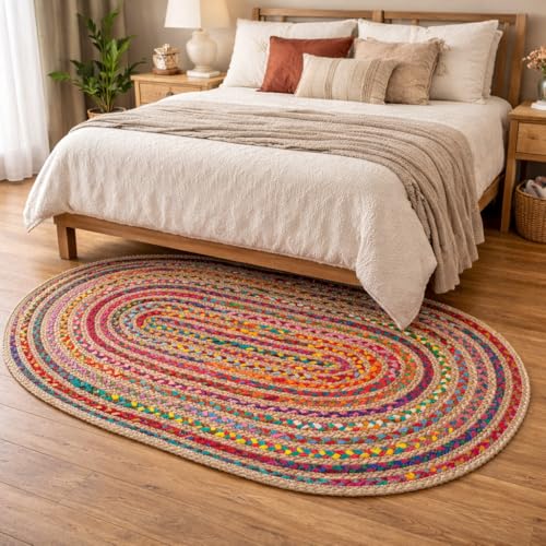 Savi Home Oval Jute Cotton Chindi Rug 3'x5' – Multicolor Braided Area Rug for Living Room, Kitchen, Entryway, Farmhouse & Bathroom – Handwoven Recycled Cotton Floor Mat
