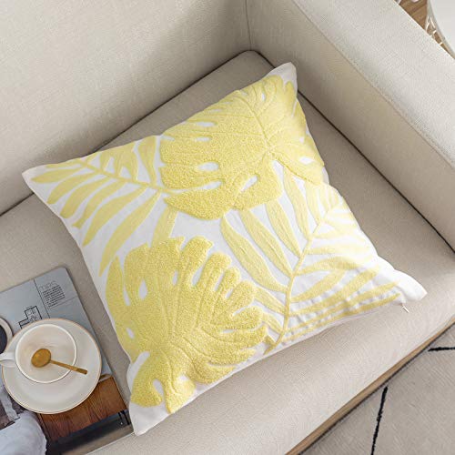 Embroidery Throw Pillow Covers 18x18 Floor Pillow Cover for Couch Bed Room Chair 100% Cotton Loop Embroidered Light Yellow Tropical Leaves Cushion Cover Square Pillow Case 45x45cm, 1 Piece - color: Loop Light Yellow