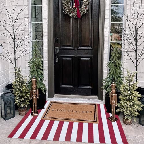 CAINANEL Christmas Outdoor mat 27.5"x43" Red and White Striped Outdoor Rug Front Porch Rug,Christmas Home Decor, Layerd Welcome Doormat for Front Porch Decor, Front Door, Farmhouse Decor - color: Red and White, size: 2'4" x 3'7" (Rectangular)