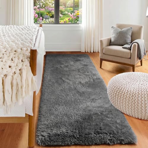 ONASAR 2x6 Grey Runner Rugs for Bedroom Living Room, Fluffy Bedside Hallway Throw Area Rug, Gray Ultra Soft Plush Furry Floor Carpet Mat for Nursery Kids Dorm Closet Home Decor Aesthetic - color: Grey, size: 2' x 6' (Runner)