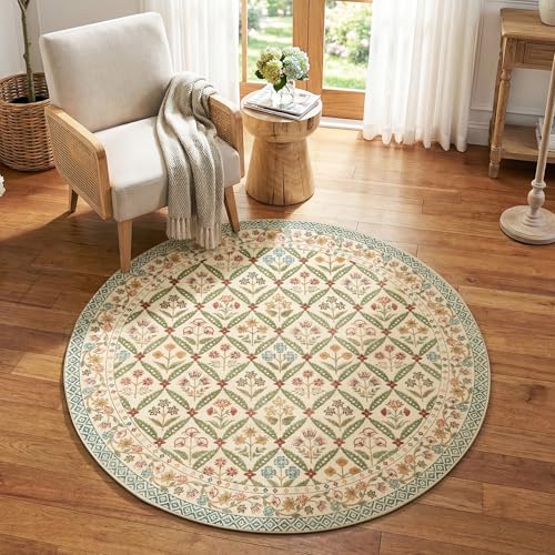 jinchan Haden Round Rug 5ft Vintage Floral Washable Rug for Entryway Kids Room Soft Non-Slip Low Pile Circle Carpet Nursery Living Room Reading Nook Cottage Indoor Decor Teal Blue - color: Teal Blue, size: 5' (Round)