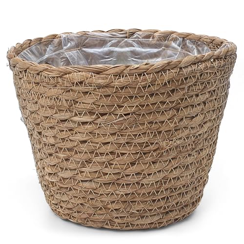 Small Basket Planter 7.1" x 5.9" Seagrass Containers, Hand Woven Wicker Cover Storage, Stylish Plastic Liners Straw Flower Jute Pots for Outdoor Indoor Use Mums Front Porch Room Decoration