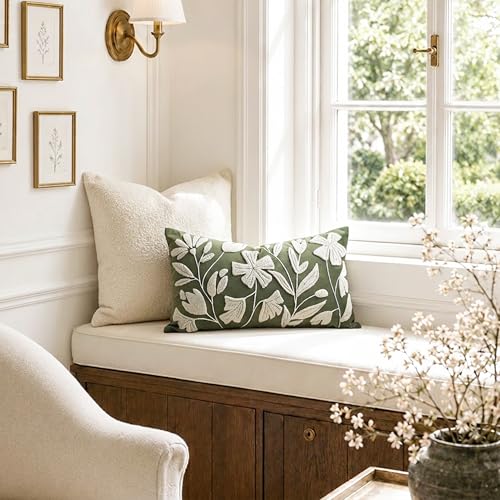 BlissBlush Decorative Lumbar Pillow Cover 12x20 Inch, Olive Green Floral Tufted Velvet Accent Pillow Case for Sofa Bed Living Room, Cover Only - color: Olive Green, size: 20" x 12" (Pack of 1)