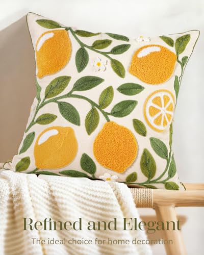 Embroidered Throw Pillow Cover - 18x18 Decorative Pillow Cover with Zipper Aesthetic Cute Design Boho Spring Summer Throw Pillowcase for Living Room Couch Sofa Bed, Branch Lemon - color: Branch-lemon, size: 18" x 18" (Pack of 1)