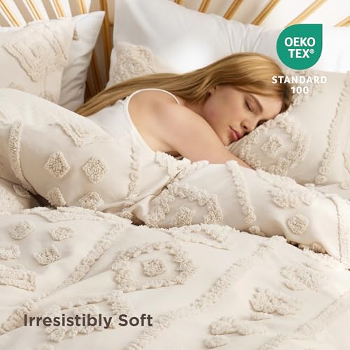 Bedsure Boho Duvet Cover Queen Size - Tufted Boho Bedding, Farmhouse-Style Distressed Vintage Embroidery Bedding for All Seasons, 3 Pieces, 1 Soft Jacquard Queen Comforter Cover and 2 Pillow Shams - color: 08 - Beige Tufted (No Comforter), size: Queen (90