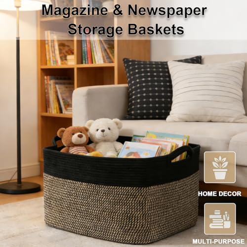 96L Large Blanket Basket,24"x16"x15"Rectangle Storage Bin with Handles,Woven Rope Laundry Basket for Toys, Clothes,Magazines,Home Organization,Nursery,Living Room & Bedroom,Black&Jute - color: Black & Jute, size: 24"x16"x15"(96L)