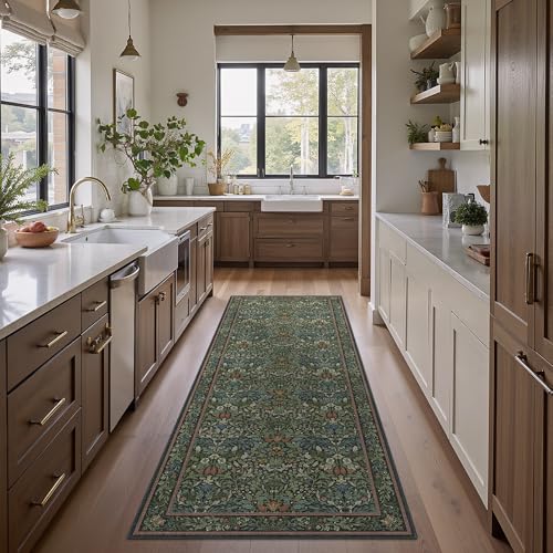 Bavni 2'6" x 10' Runner Rug, Washable Non Slip Hallway Runner Rug, Boho Floral Carpet for Entryway, Kitchen, Laundry Room, Soft Ultra Thin Botanical Long Rug for Indoor Floor, Dark Green - color: Dark Green, size: 2'6" x 10' (Rectangular)