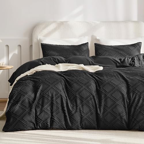JELLYMONI Duvet Cover King Size Black - 3PCS Boho Duvet Cover Set Plaid Polyester Tufted Bohemian Jacquard Knit Textured Comforter Cover 104×90in Rhombic Geometric Pattern Zipper Corner Tie - color: Black-grid, size: King(104"×90")