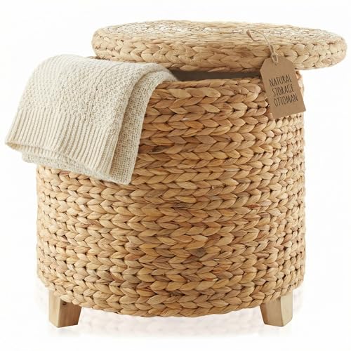 DEILSY™ Natural Water Hyacinth Round Storage Ottoman with Removable Lid, Fabric Liner & Wooden Feet – Handwoven Footstool Ottoman for Living Room, Bedroom & Entryway