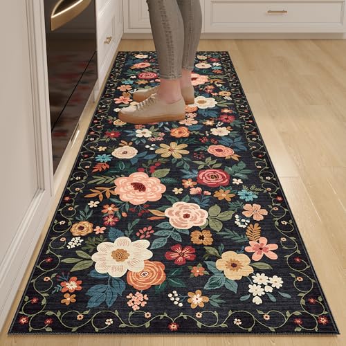 DUKINO 2x6 Runner Rug for Hallway, Washable Kitchen Runner Rug with Non Slip Backing, Low Pile Soft Boho Floral Runner for Kitchen, Hallway, Entryway, Laundry, Bedroom, Black - color: Black, size: 2' x 6' (Rectangular)