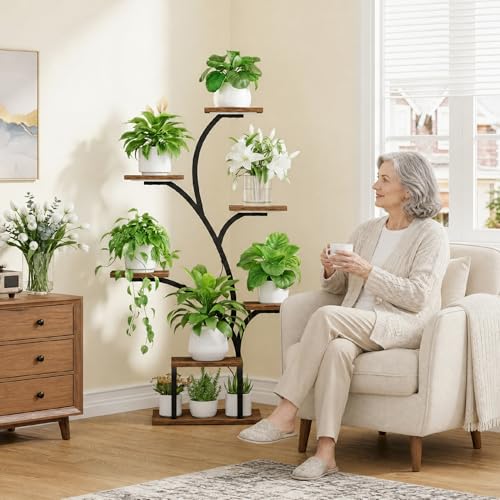BACEKOLL Plant Stand Indoor with Grow Lights, 7 Tiered Indoor Plant Shelf, 49" Corner Plant Stands for Indoor Plants, Metal Plant Flower Display Shelf, Tree-Shaped Plant Rack for Home, Patio, Brown