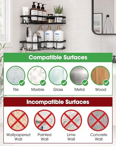 Sakugi Corner Shower Caddy - 2 Pack, Adhesive Shower Organizers, Rustproof Stainless Steel Shower Shelves with 8 Hooks, No Drilling Bathroom Organizers and Storage Racks, Space-Saving, Black, Medium - color: Black, size: Medium