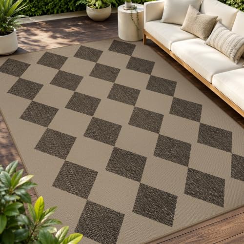 GENIMO Indoor Outdoor Area Rug 6'x9', Checkered Easy Jute Rug Machine Washable, Easy-Cleaning, Non Slip Geometric Diamond Outdoor Carpet for Patio, Living Room, Backyard, Porch, Deck, Balcony - color: Smooth Diamond, size: 6' x 9' (Rectangular)