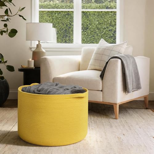 MEGASKET Extra Large 115L Yellow Basket, 23.6" x15.7 Cotton Rope Yellow Decor for Living Room Bedroom, Woven Basket for Blanket, Laundry, Towel, Shoe, Kids Toy Box Organizer, Room Decor Storage Bin - color: Yellow, size: 23.6"x23.6"x15.7"