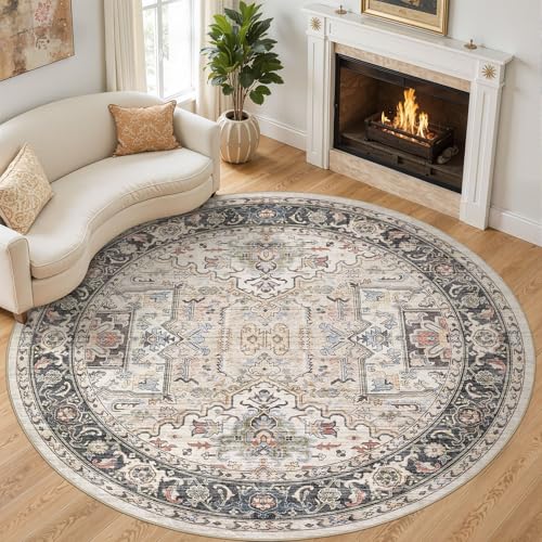 Area Rug for Living Room - 8x8 Large Soft Washable Oriental Vintage Floral Carpet Safe for Babies & Pets - Fade Stain Resistant Non Slip Rugs for Bedroom Dining Room Nursery Dorm Office Home Decor - color: Multi Color, size: 8' x 8' (Round)