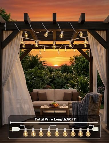 Abeja LED Outdoor String Lights, 50FT G40 Patio String Lights with 52 Dimmable Shatterproof Bulbs, Waterproof Backyard Outdoor Hanging Lights for Backyard, Bistro, Porch, Deck Decor - color: Warm White-White, size: 50FT