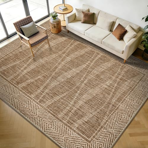 Easy Jute Rug 8x10 Outdoor Patio Rug with Border, Washable Farmhouse Non Slip Living Room Rug with Rubber Backing Indoor Outdoor, Non Shedding Carpet for Bedroom, Courtyard, Light Brown - color: Light Brown, size: 8'x10'