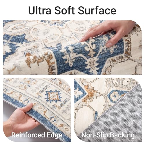 befbee 5x7 Area Rug for Living Rooms, Stain Resistant Neutral Washable Rugs for Dining Rooms, Floral Vintage Non-Slip Thin Large Size Area Rugs(Blue) - color: Blue, size: 5' x 7' (Rectangular)