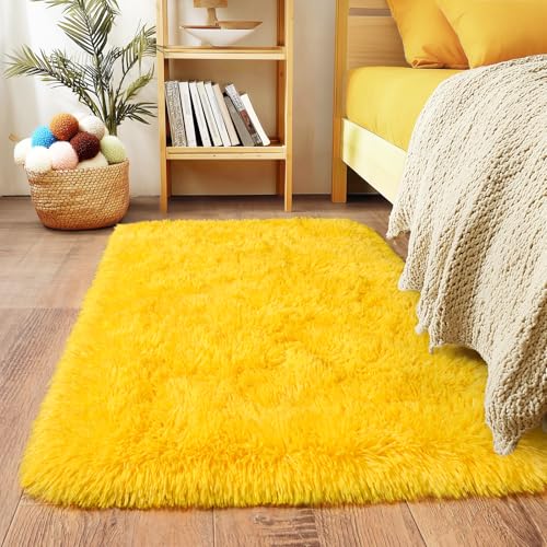 2x3 Small Rugs for Bedroom, Soft Fluffy Shaggy Bedside Area Rugs for Living Room, Indoor Floor Carpet for Kids Girls and Boys, Nursery Rooms, Home Decor Aesthetic, Yellow - color: Yellow, size: 2' x 3' (Rectangular)