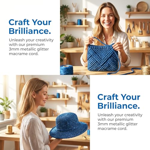 3mm Sparkle Polyester Macramé Cord - 150g/66yds Metallic Glitter Braided Cord for Crocheting Bags, Baskets, Macramé Plant Hangers & DIY Crafts, Machine Washable (10#Navy) - color: 10#navy
