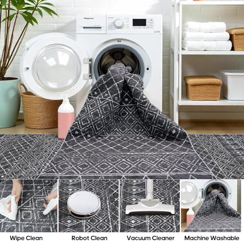 Rug Runners 2x6 Washable - Hallway Runner Rug Moroccan Non Slip Kitchen Runner Low Pile Soft Indoor Floor Mat Front Door for Bedroom Entryway Laundry 2x6 Black - color: Black, size: 2' x 6' (Rectangular)