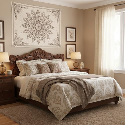 Motanber Floral Mandala Tapestry Wall Hanging Boho Beige Tapestry Aesthetic Bohemian Flower Cute Small Tapestries for Bedroom Living Room Dorm Wall Decor 48 x 36 Inch - color: Beige White, size: 48"L x 36"W