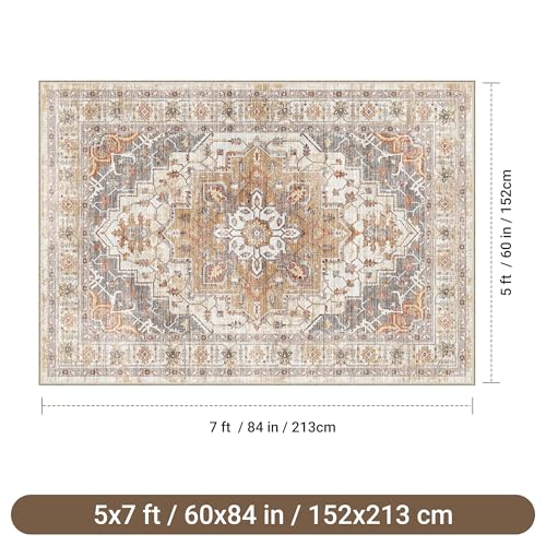 befbee 5x7 Area Rugs for Living Room,Stain Resistant Washable Rug,Non-Slip Backing Rugs for Bedroom,Kitchen,Printed Vintage Home Decor Rug (Turmeric/Grey, 5'x7') - color: Turmeric/Grey, size: 5' x 7' (Rectangular)