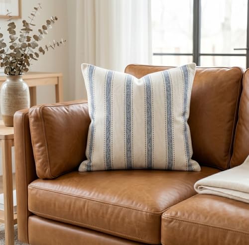 SanVia Cotton Throw Pillow Covers 20x20 – Handwoven Jacquard Texture, Fade-Resistant, No Pilling – Hidden Zipper, Decorative Cushion Cover for Sofa, Couch, Bed – Insert Not Included (Striped, White) - color: Dusty Blue, size: 20" x 20"